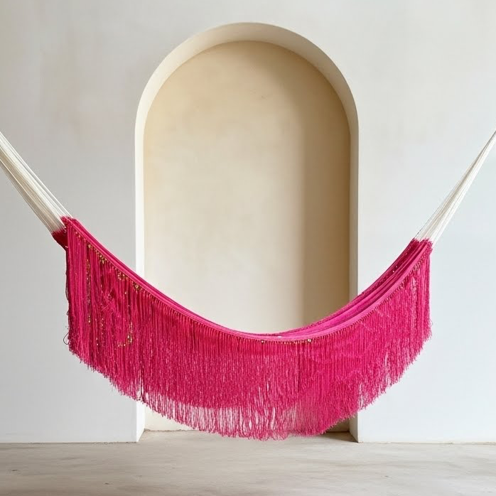 Hamaca con Flecos BOHO Rosa con Blanco
