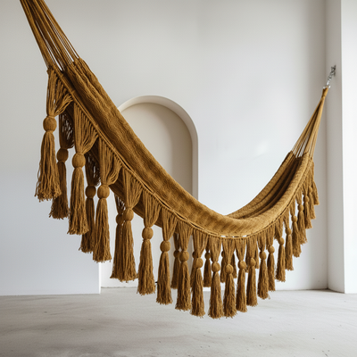 Hamaca BOHO con Borlas Mostaza